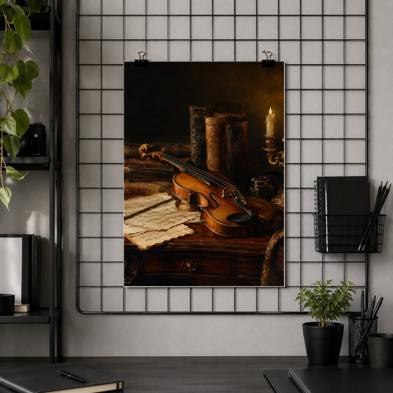 #pl[8x10 Inch|Multicolor] Violin Still Life Poster, Candlelit Books and Music Wall Art Print