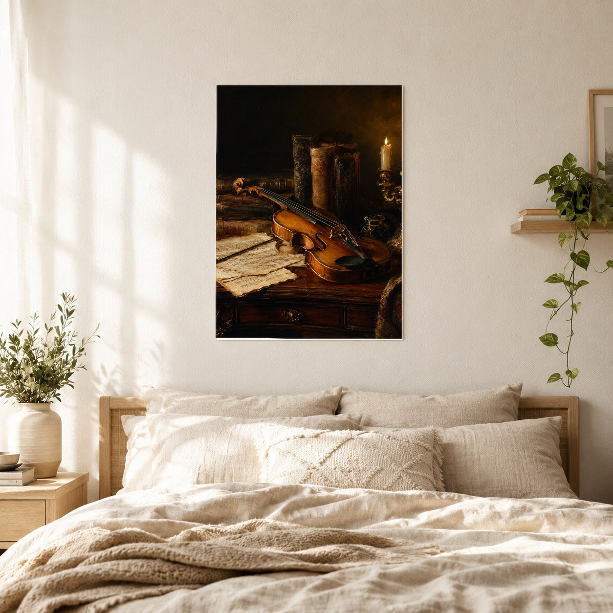 #pl[8x10 Inch|Multicolor] Violin Still Life Poster, Candlelit Books and Music Wall Art Print