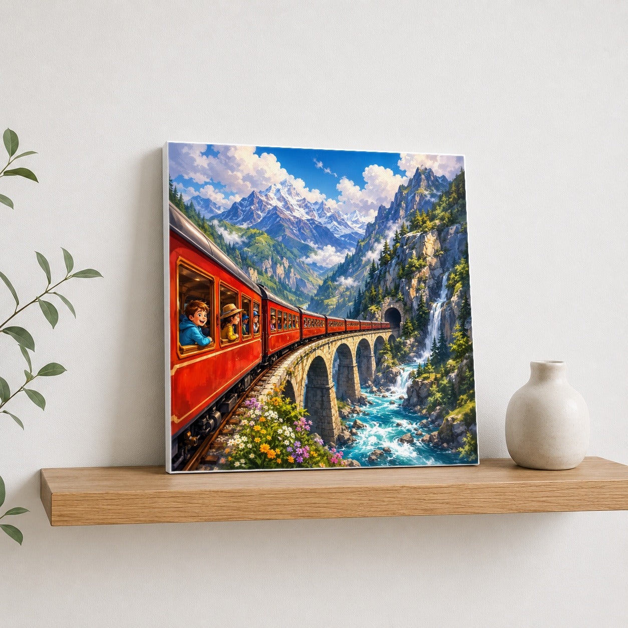 #pl[17x17 Inch|Multicolor] Mountain Train Square Canvas Wall Art, Red Alpine Railway Bridge