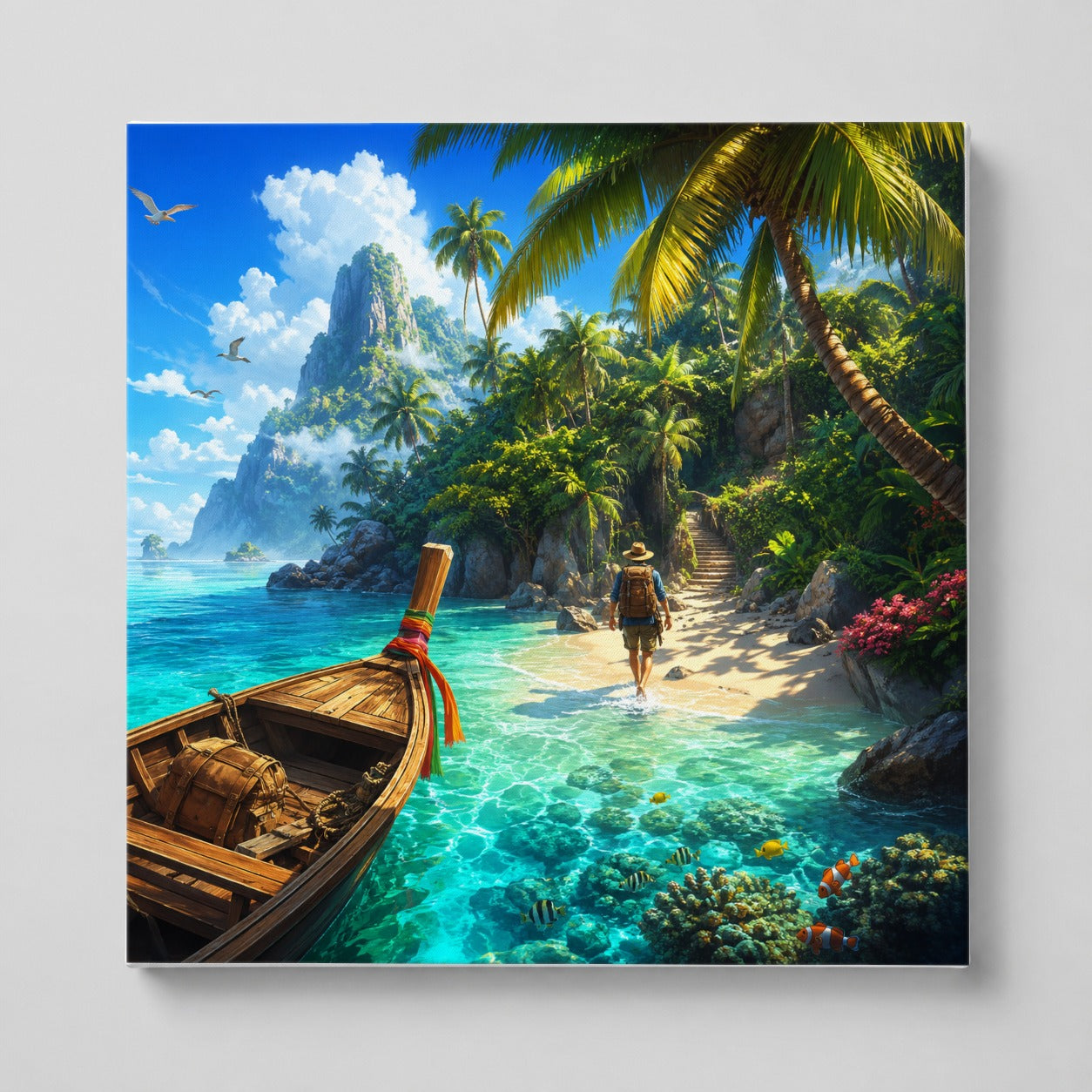 Tropical Island Square Canvas Wall Art, Turquoise Lagoon Adventure