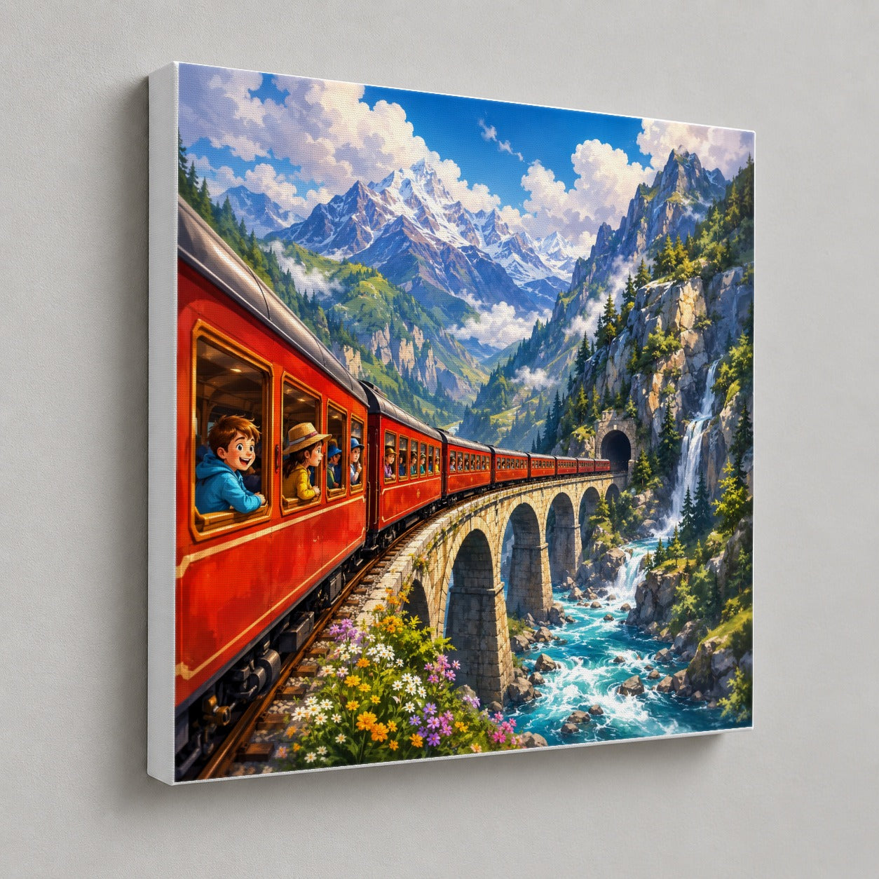 #pl[17x17 Inch|Multicolor] Mountain Train Square Canvas Wall Art, Red Alpine Railway Bridge