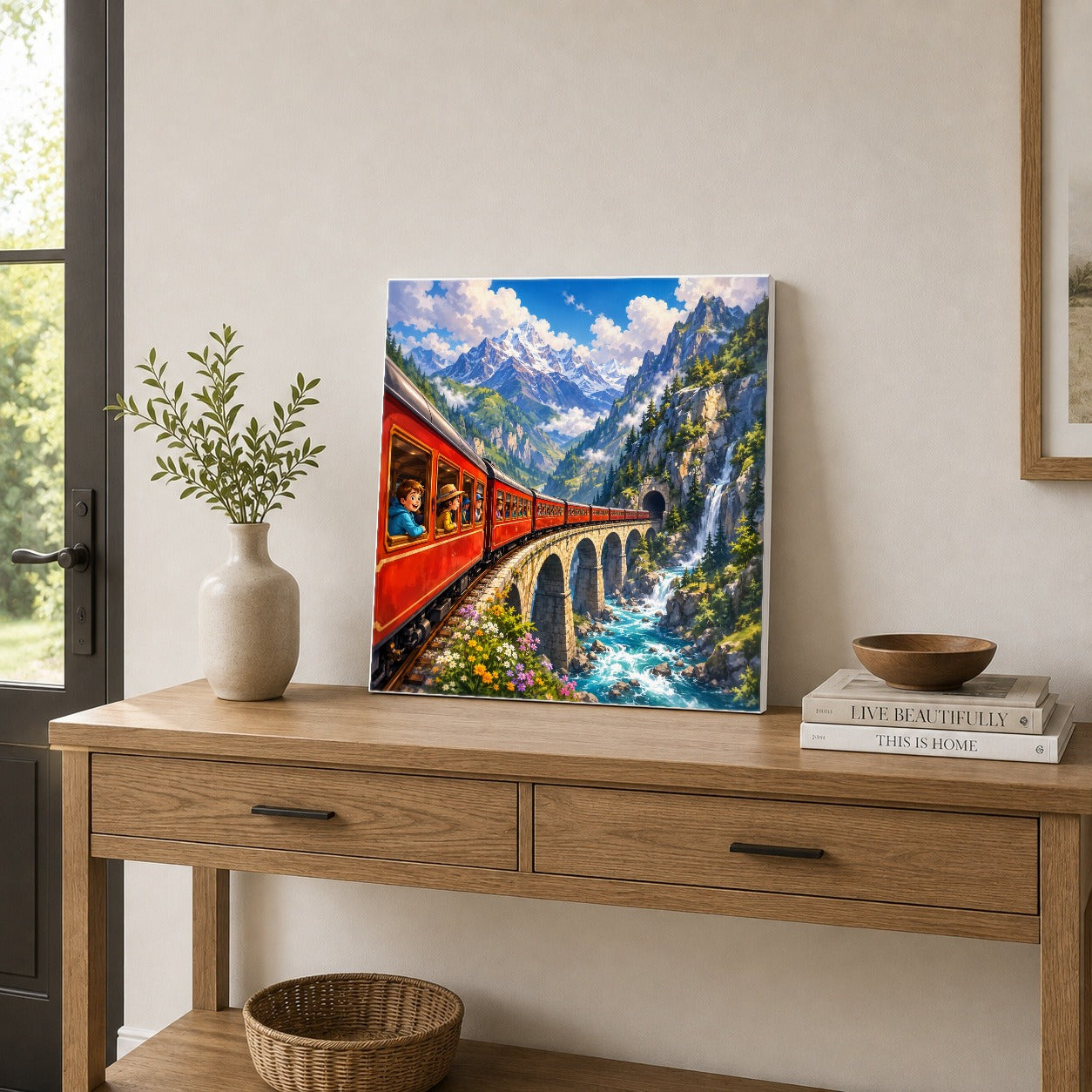 #pl[17x17 Inch|Multicolor] Mountain Train Square Canvas Wall Art, Red Alpine Railway Bridge