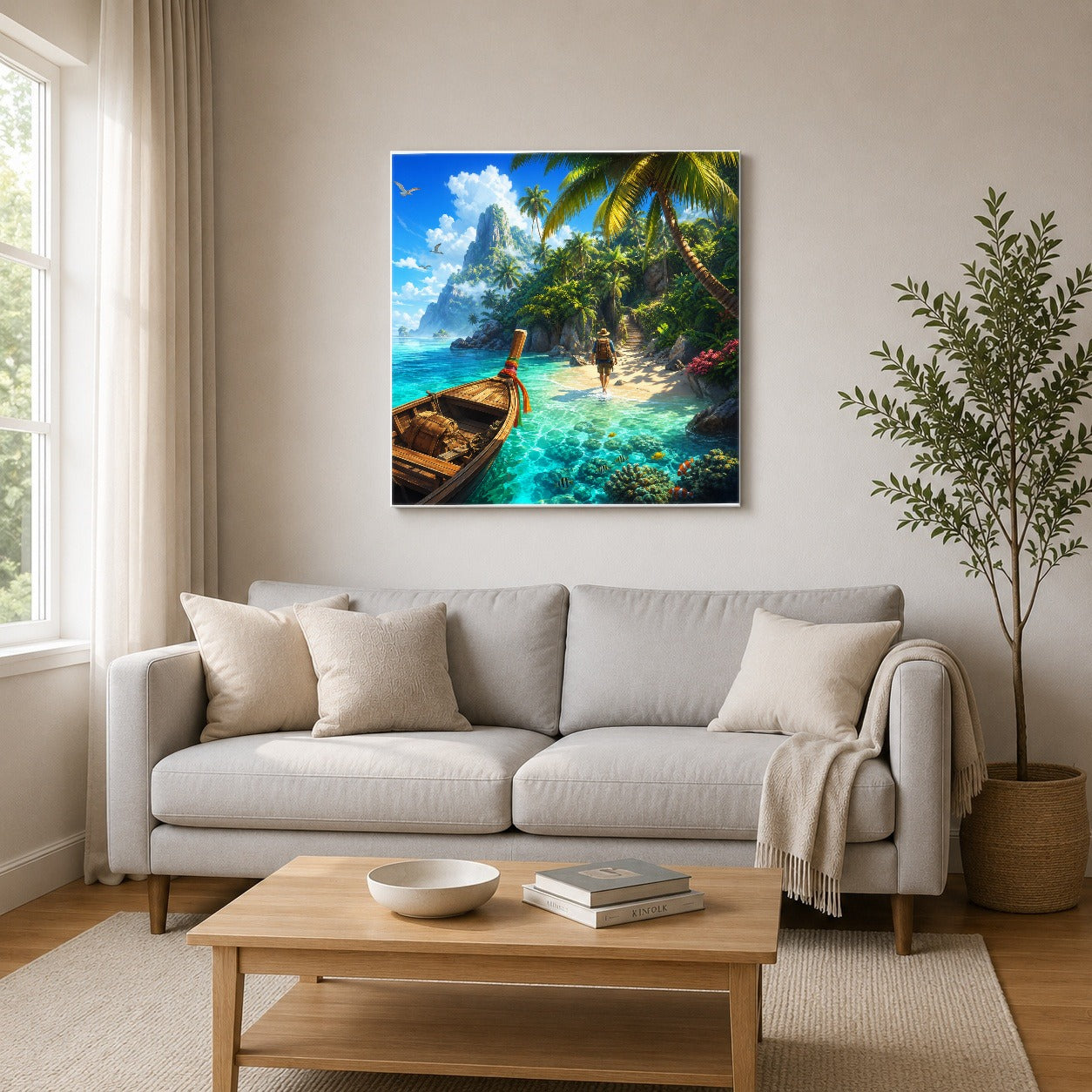 #pl[17x17 Inch|Multicolor] Tropical Island Square Canvas Wall Art, Turquoise Lagoon Adventure