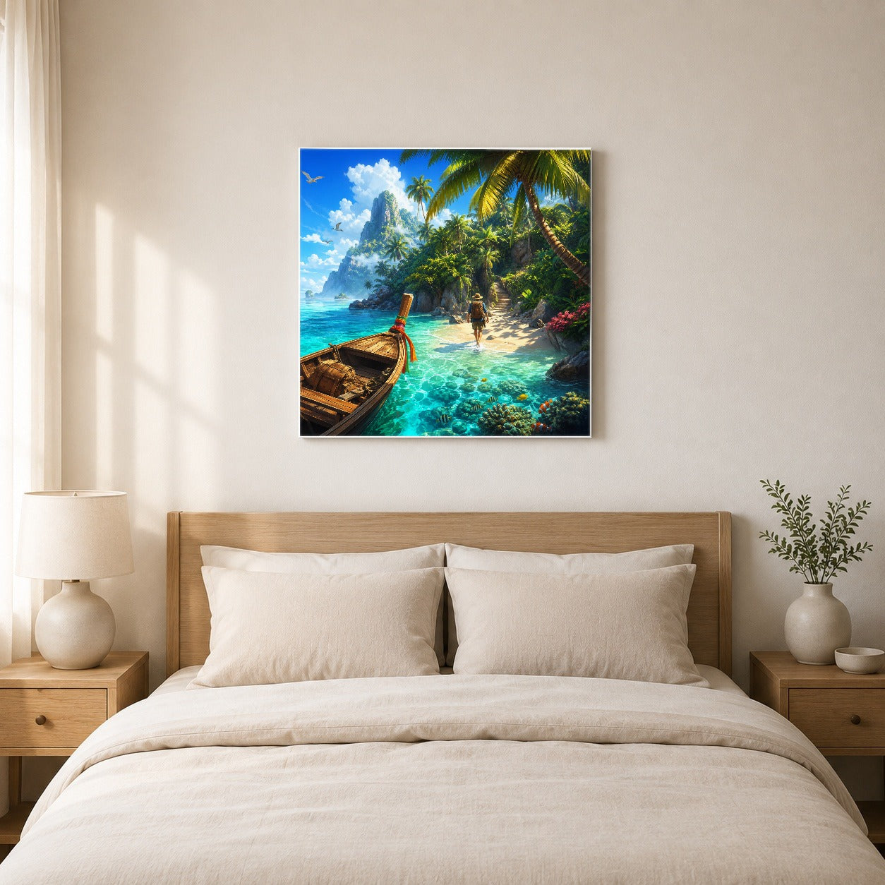 #pl[17x17 Inch|Multicolor] Tropical Island Square Canvas Wall Art, Turquoise Lagoon Adventure