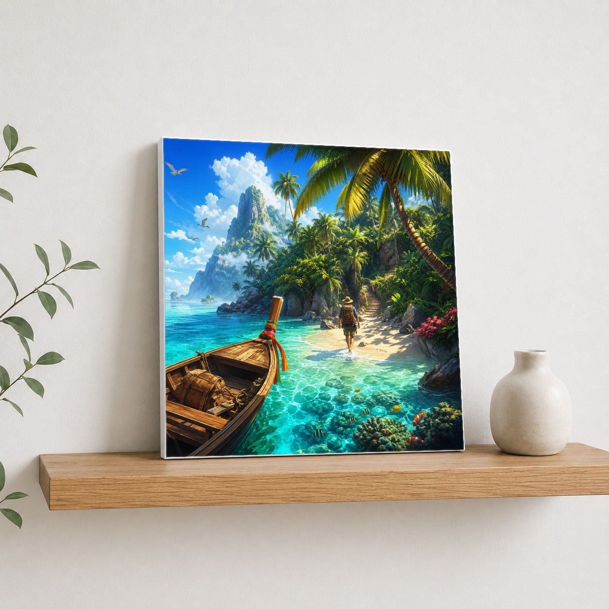 #pl[17x17 Inch|Multicolor] Tropical Island Square Canvas Wall Art, Turquoise Lagoon Adventure