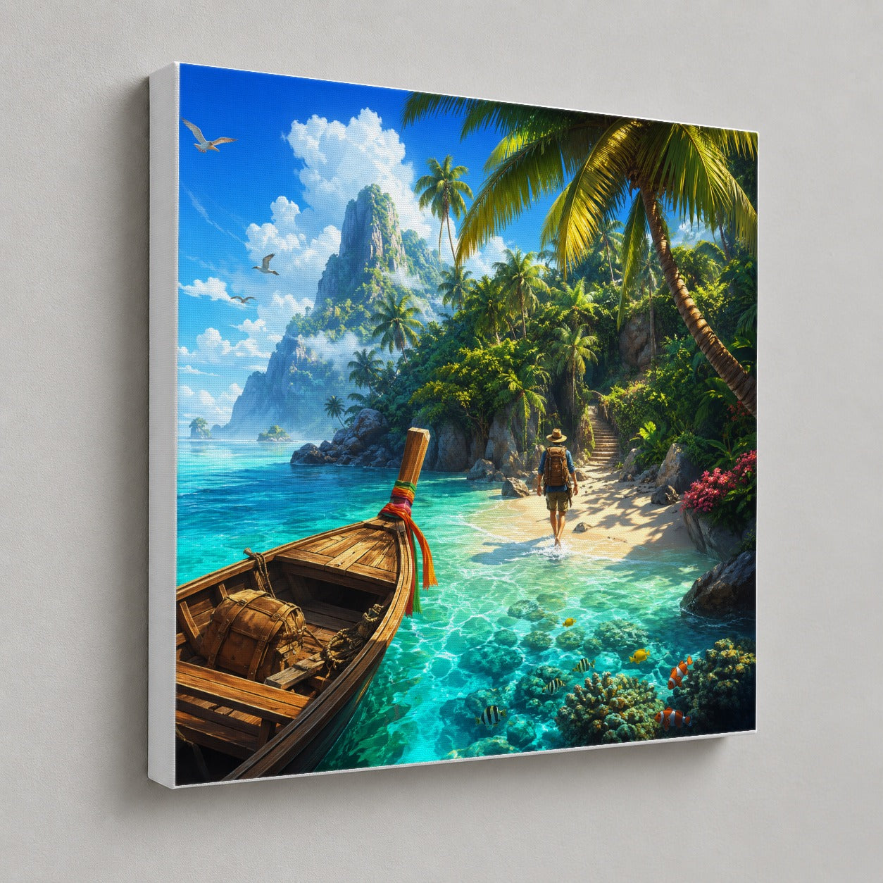 #pl[17x17 Inch|Multicolor] Tropical Island Square Canvas Wall Art, Turquoise Lagoon Adventure