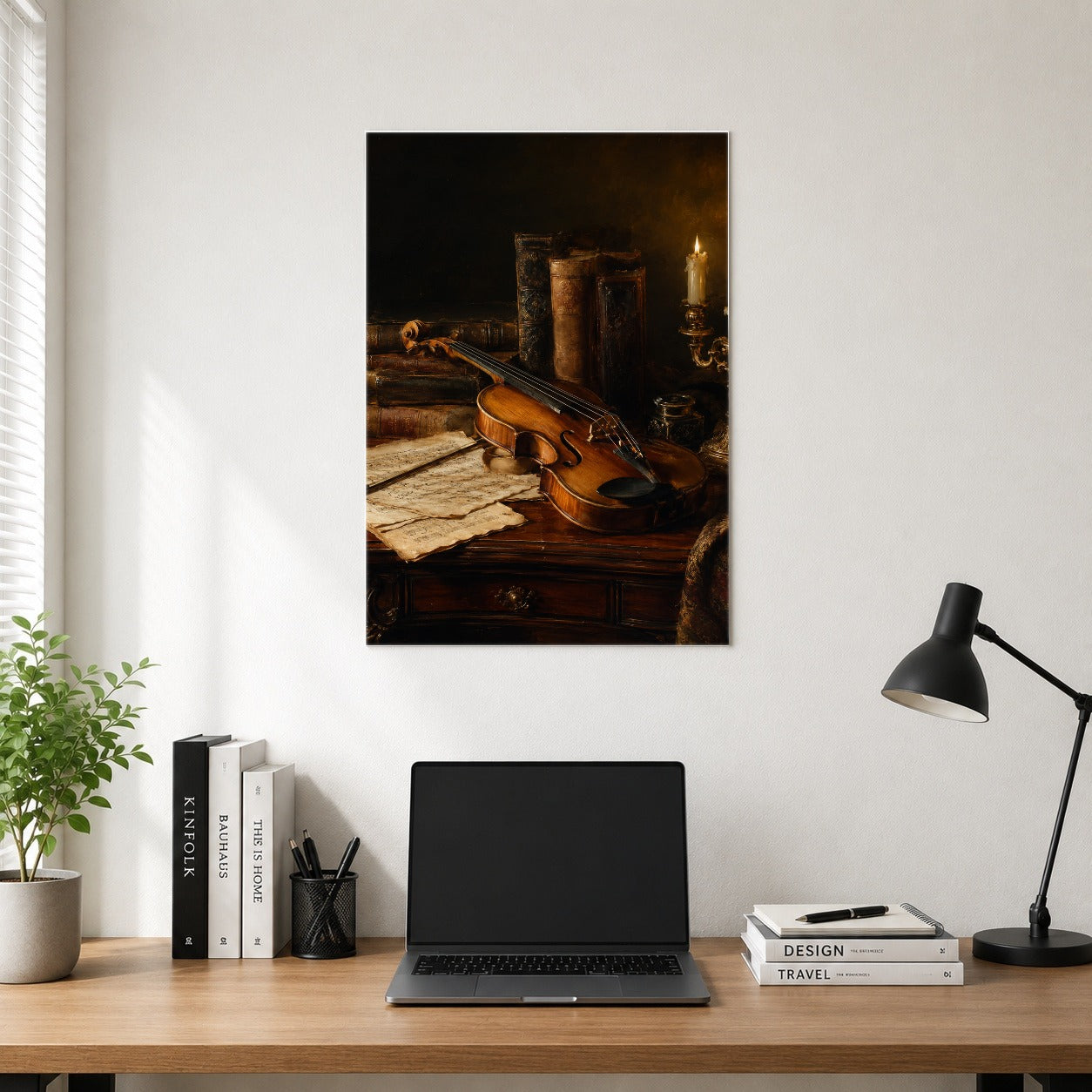 #pl[8x10 Inch|Multicolor] Violin Still Life Poster, Candlelit Books and Music Wall Art Print