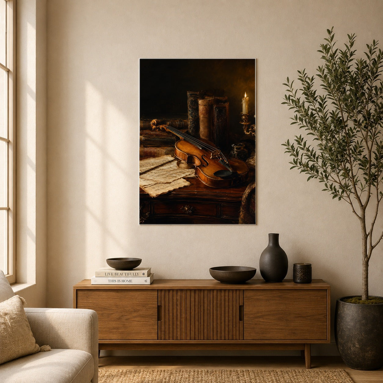 #pl[8x10 Inch|Multicolor] Violin Still Life Poster, Candlelit Books and Music Wall Art Print
