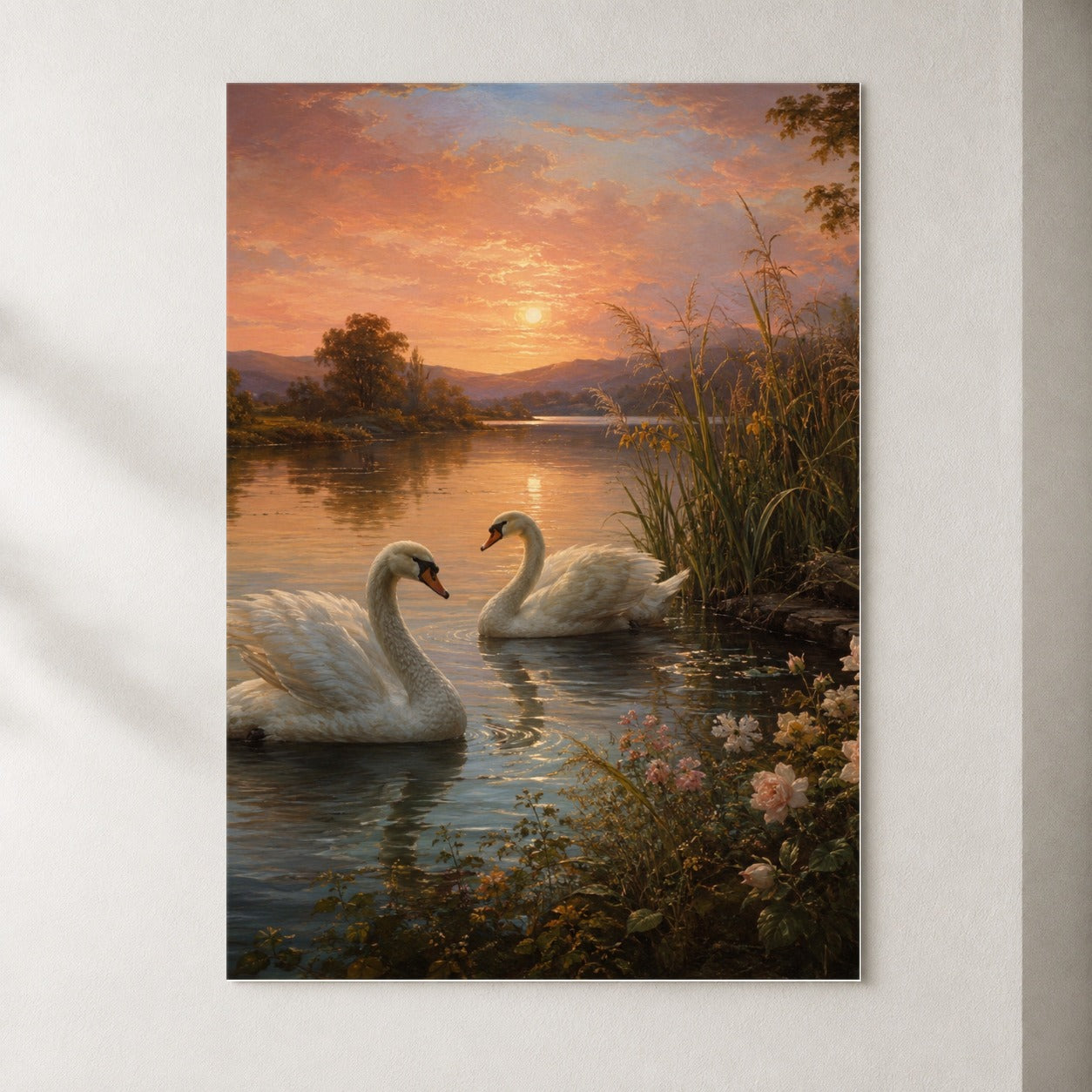 Swan Lake Sunset Poster, Romantic Roses Landscape Wall Art Print
