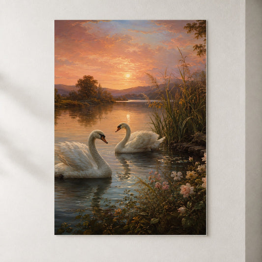 Swan Lake Sunset Poster, Romantic Roses Landscape Wall Art Print