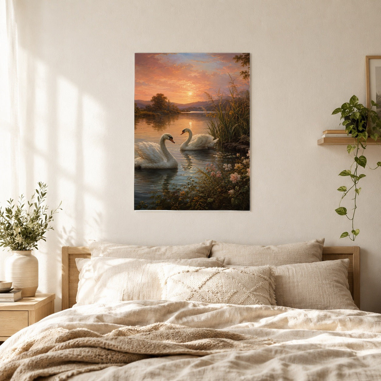 #pl[8x10 Inch|Multicolor] Swan Lake Sunset Poster, Romantic Roses Landscape Wall Art Print