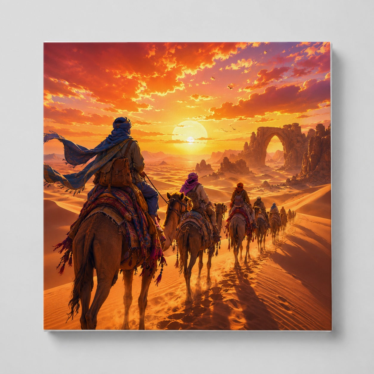 Desert Caravan Square Canvas Wall Art, Camel Journey Sunset Scene