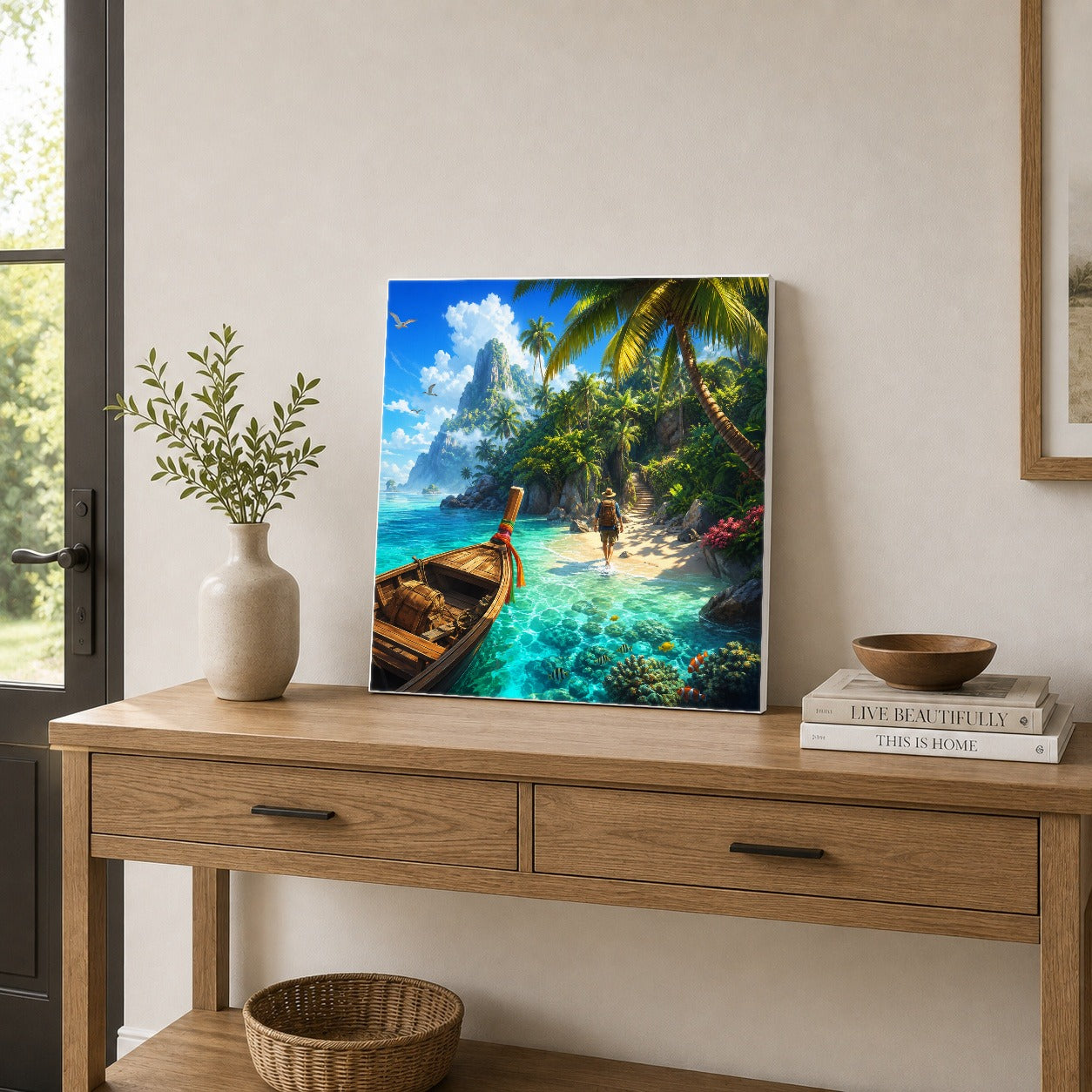 #pl[17x17 Inch|Multicolor] Tropical Island Square Canvas Wall Art, Turquoise Lagoon Adventure