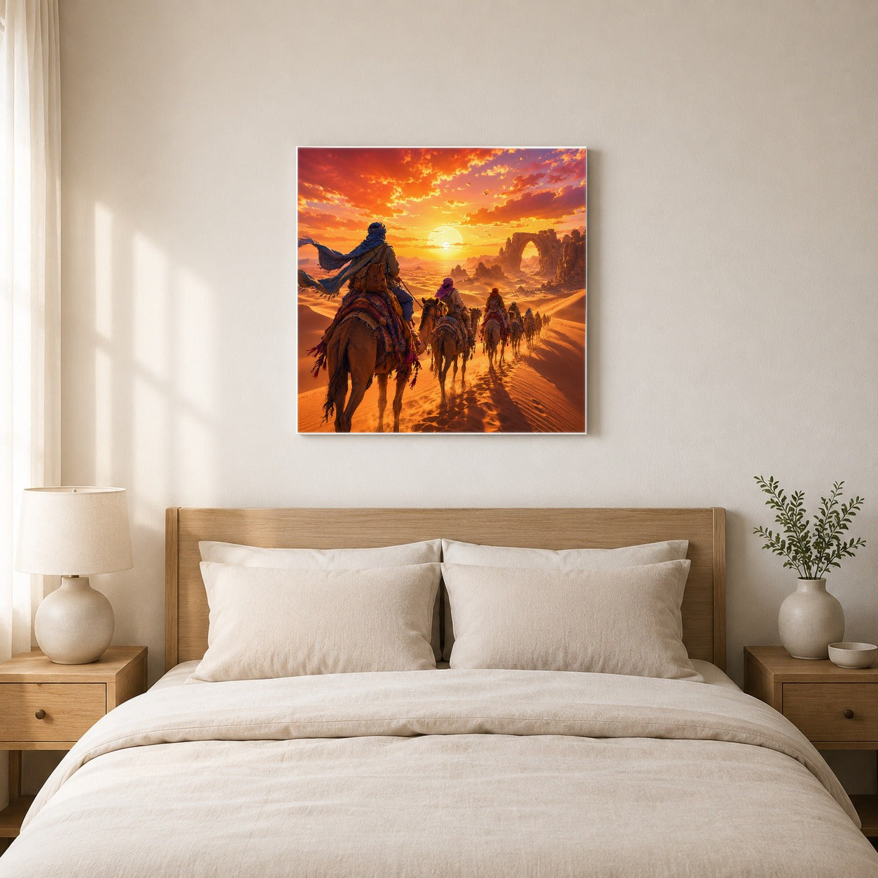 #pl[17x17 Inch|Multicolor] Desert Caravan Square Canvas Wall Art, Camel Journey Sunset Scene