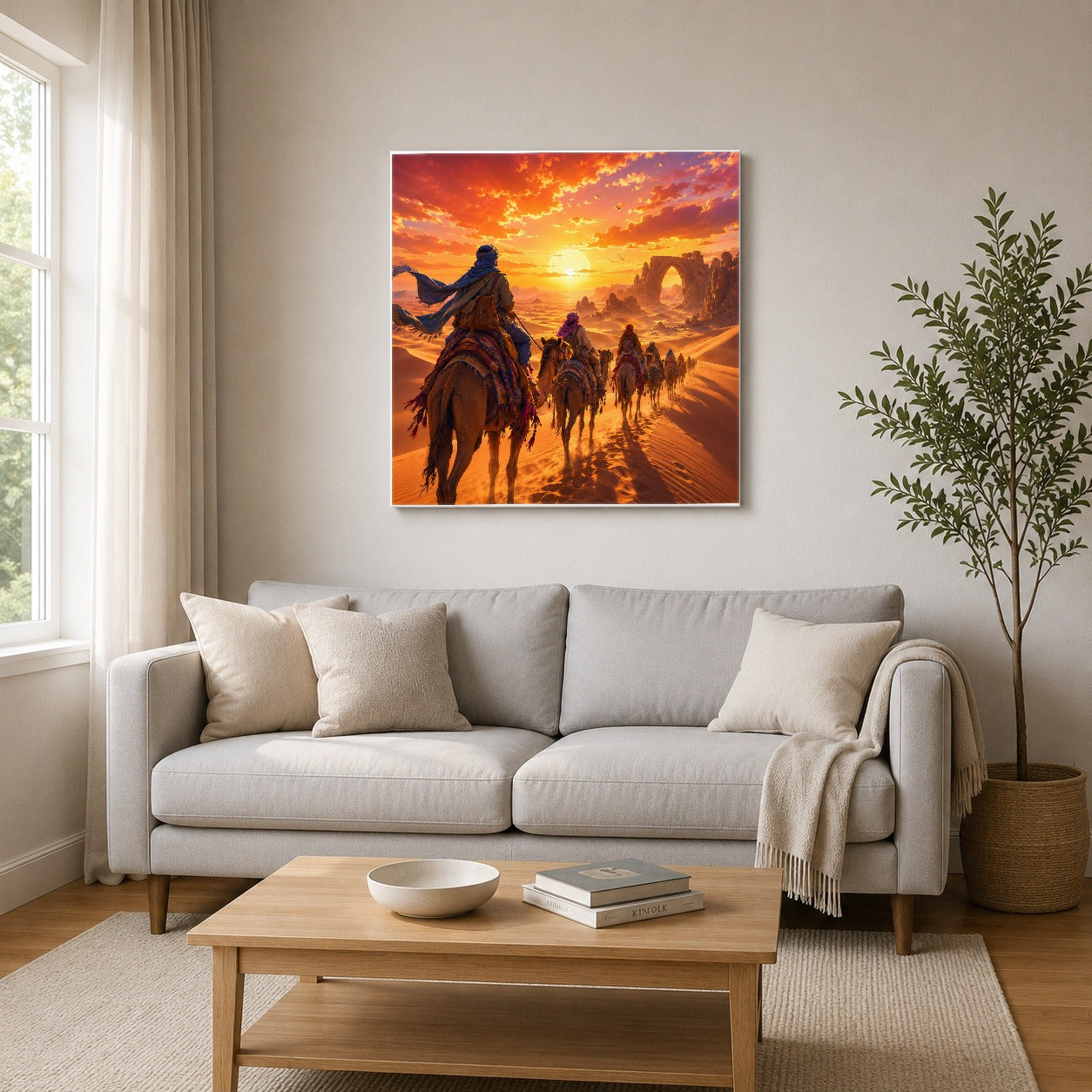 #pl[17x17 Inch|Multicolor] Desert Caravan Square Canvas Wall Art, Camel Journey Sunset Scene