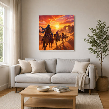 #pl[17x17 Inch|Multicolor] Desert Caravan Square Canvas Wall Art, Camel Journey Sunset Scene