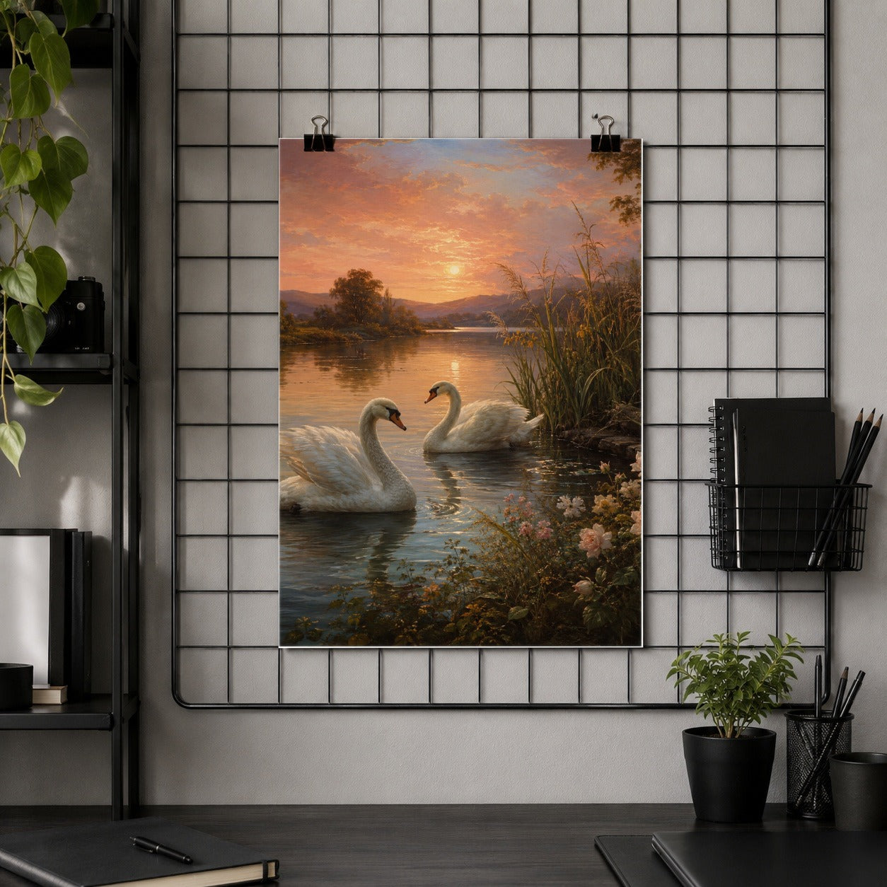 #pl[8x10 Inch|Multicolor] Swan Lake Sunset Poster, Romantic Roses Landscape Wall Art Print