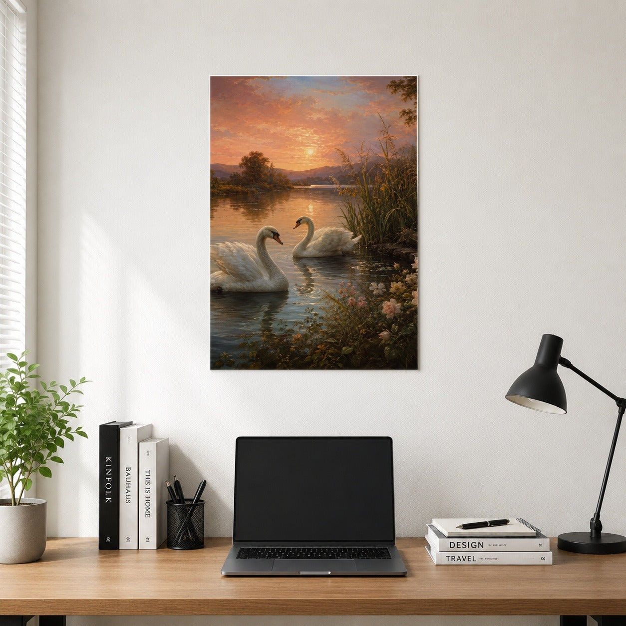 #pl[8x10 Inch|Multicolor] Swan Lake Sunset Poster, Romantic Roses Landscape Wall Art Print