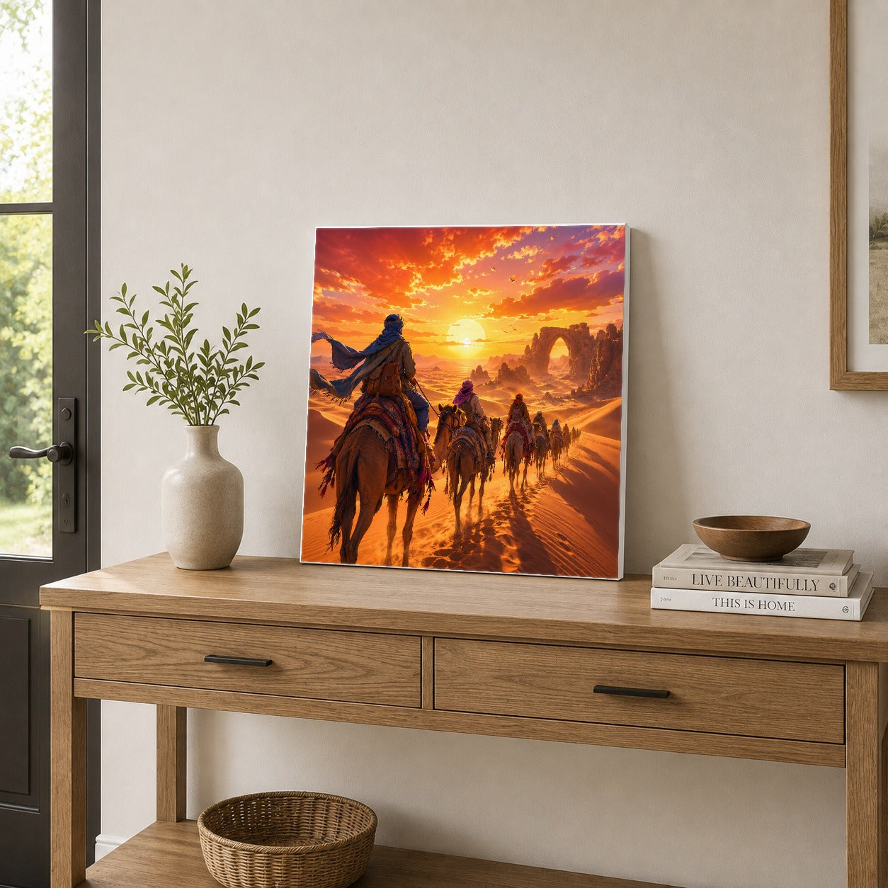 #pl[17x17 Inch|Multicolor] Desert Caravan Square Canvas Wall Art, Camel Journey Sunset Scene