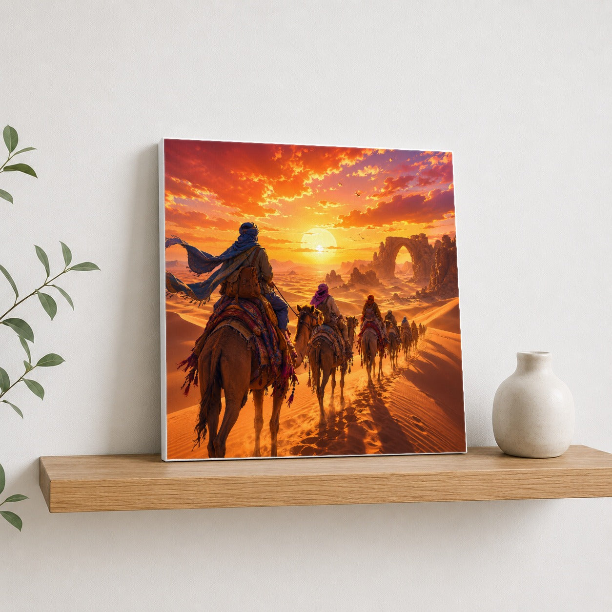 #pl[17x17 Inch|Multicolor] Desert Caravan Square Canvas Wall Art, Camel Journey Sunset Scene
