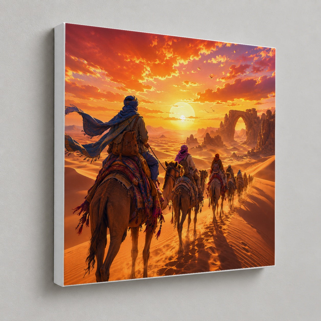 #pl[17x17 Inch|Multicolor] Desert Caravan Square Canvas Wall Art, Camel Journey Sunset Scene