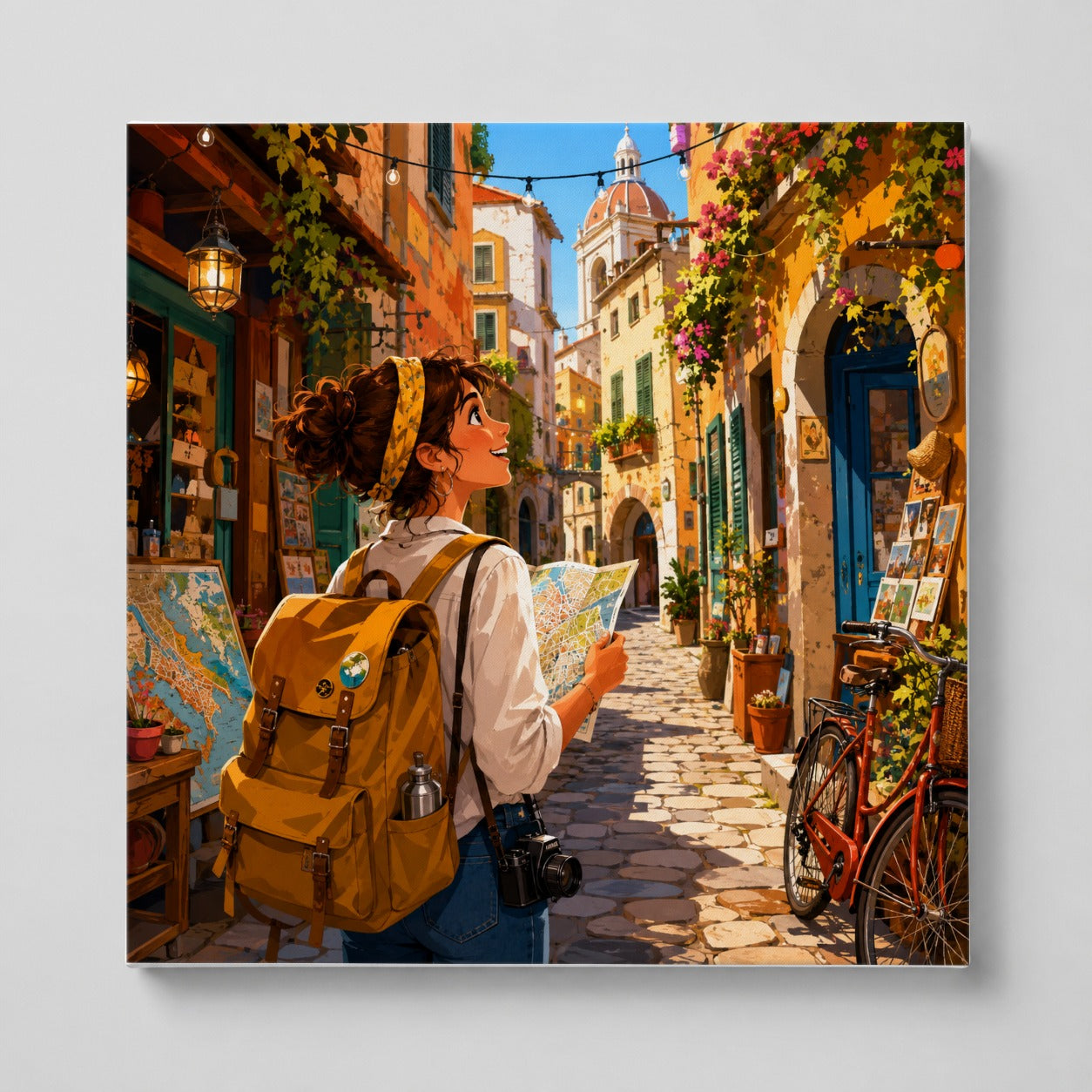 City Traveler Square Canvas Wall Art, Colorful Old Town Adventure