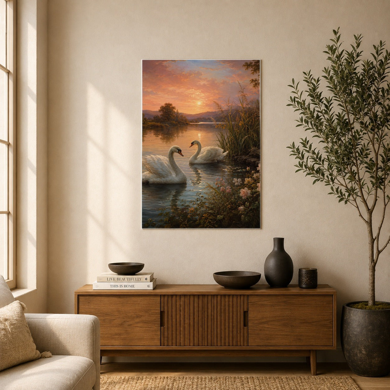 #pl[8x10 Inch|Multicolor] Swan Lake Sunset Poster, Romantic Roses Landscape Wall Art Print