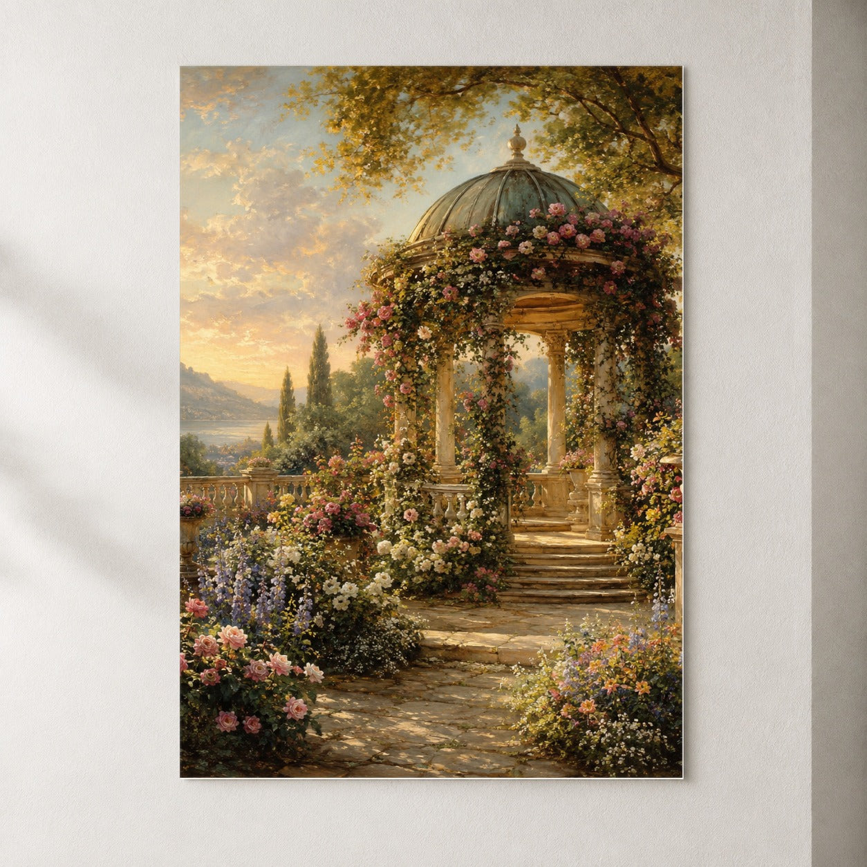 Rose Garden Gazebo Poster, Romantic Lakeside Wall Art Print