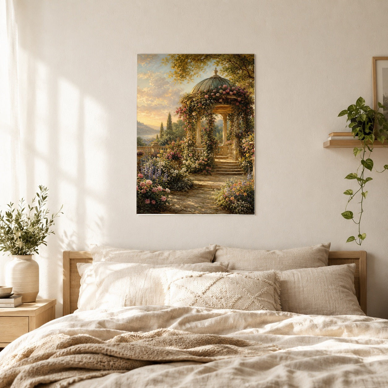 #pl[8x10 Inch|Multicolor] Rose Garden Gazebo Poster, Romantic Lakeside Wall Art Print