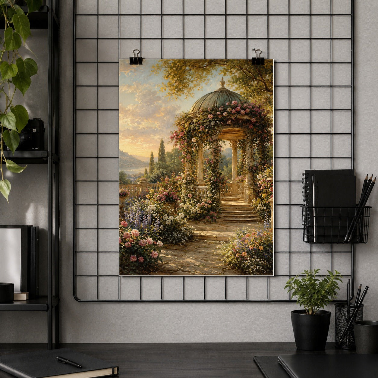 #pl[8x10 Inch|Multicolor] Rose Garden Gazebo Poster, Romantic Lakeside Wall Art Print