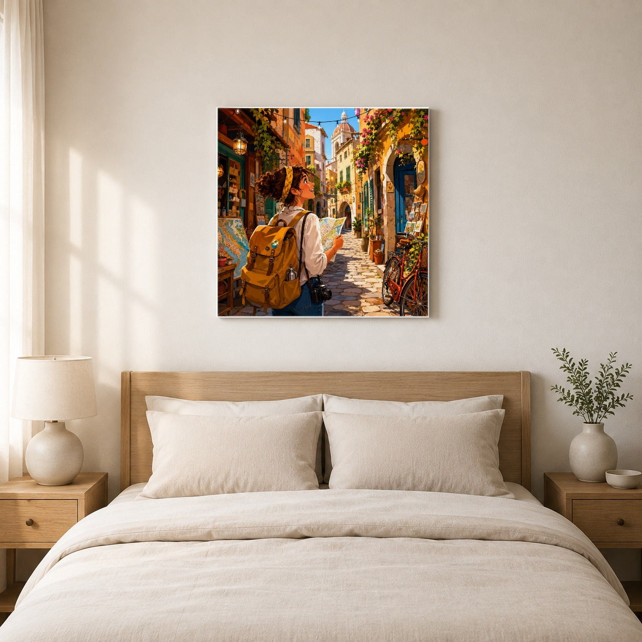 #pl[17x17 Inch|Multicolor] City Traveler Square Canvas Wall Art, Colorful Old Town Adventure