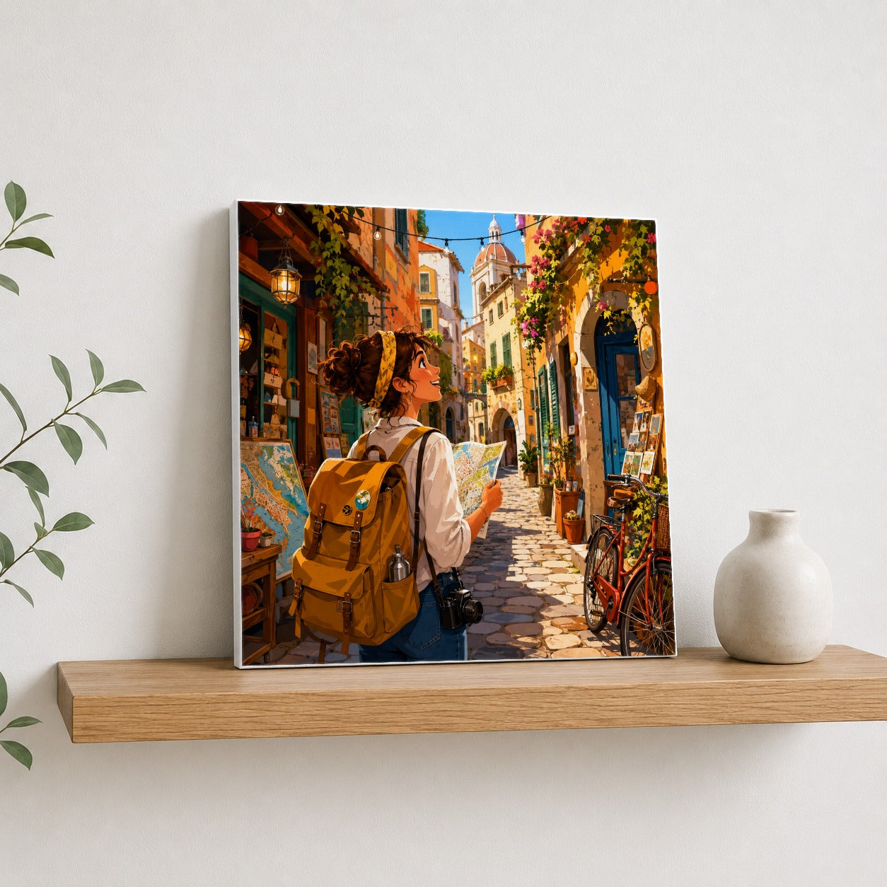#pl[17x17 Inch|Multicolor] City Traveler Square Canvas Wall Art, Colorful Old Town Adventure