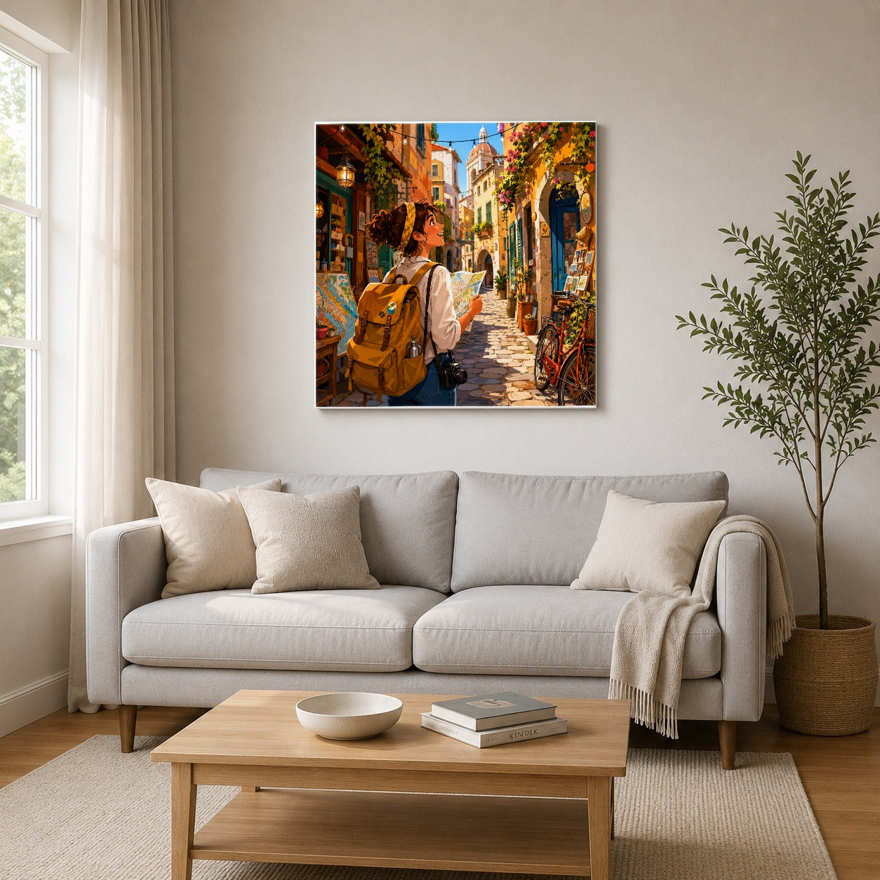 #pl[17x17 Inch|Multicolor] City Traveler Square Canvas Wall Art, Colorful Old Town Adventure