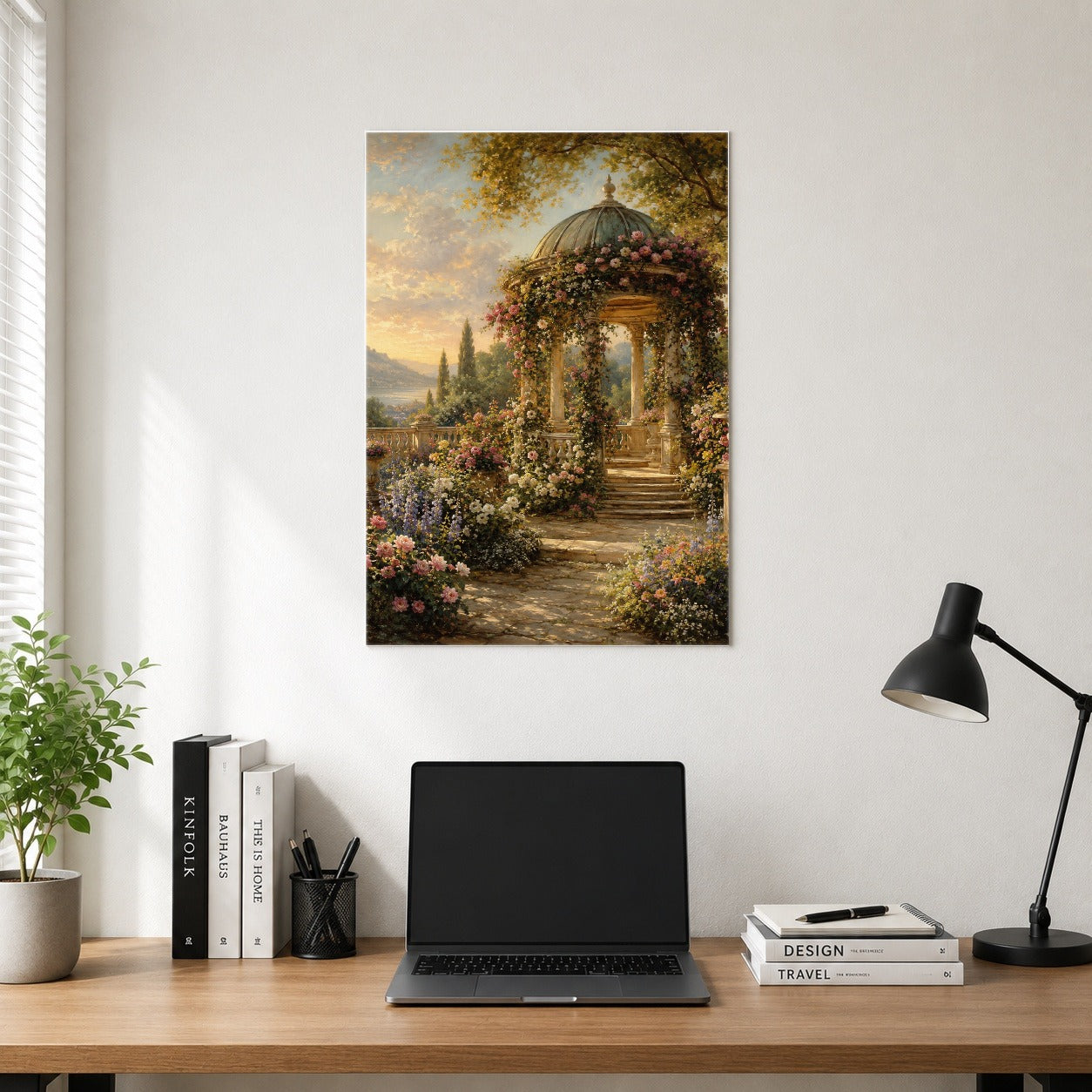 #pl[8x10 Inch|Multicolor] Rose Garden Gazebo Poster, Romantic Lakeside Wall Art Print