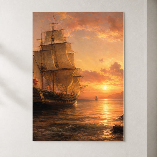 Tall Ship Sunset Poster, Vintage Sailing Seascape Wall Art Print