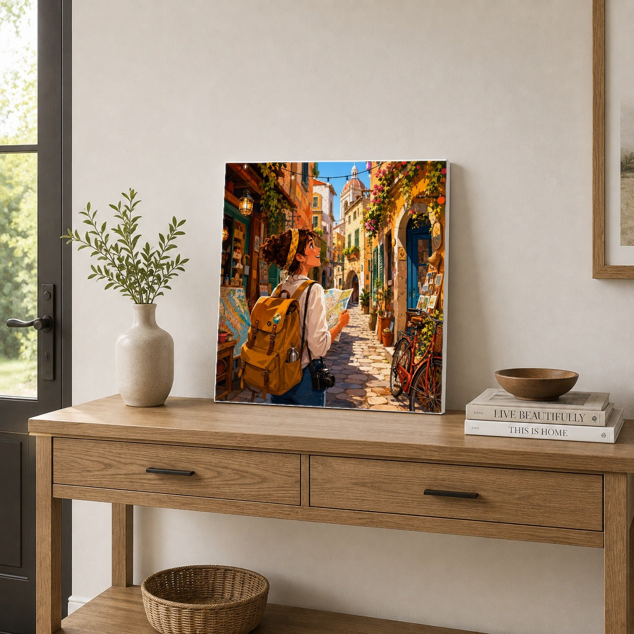 #pl[17x17 Inch|Multicolor] City Traveler Square Canvas Wall Art, Colorful Old Town Adventure