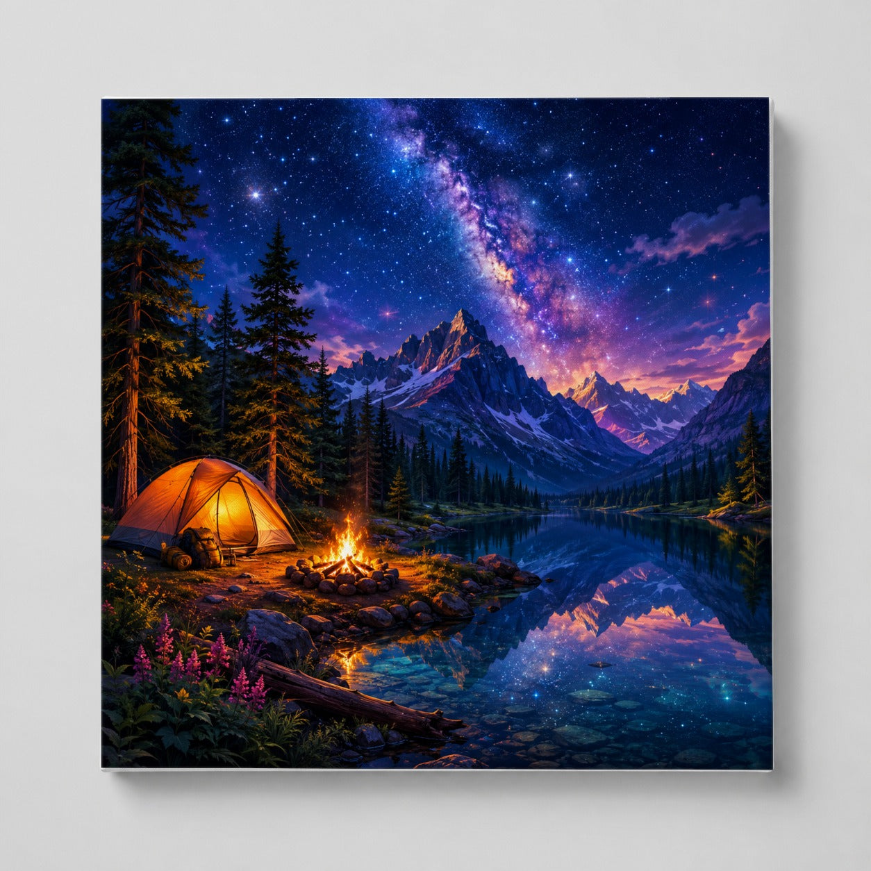 Milky Way Camping Square Canvas Wall Art, Mountain Lake Campfire