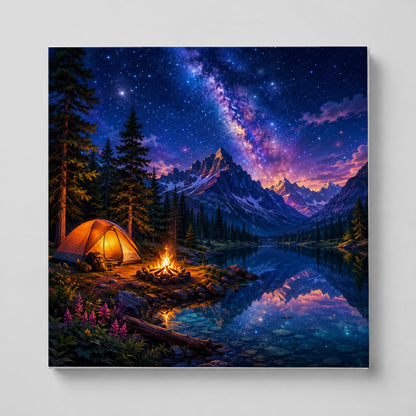 Milky Way Camping Square Canvas Wall Art, Mountain Lake Campfire
