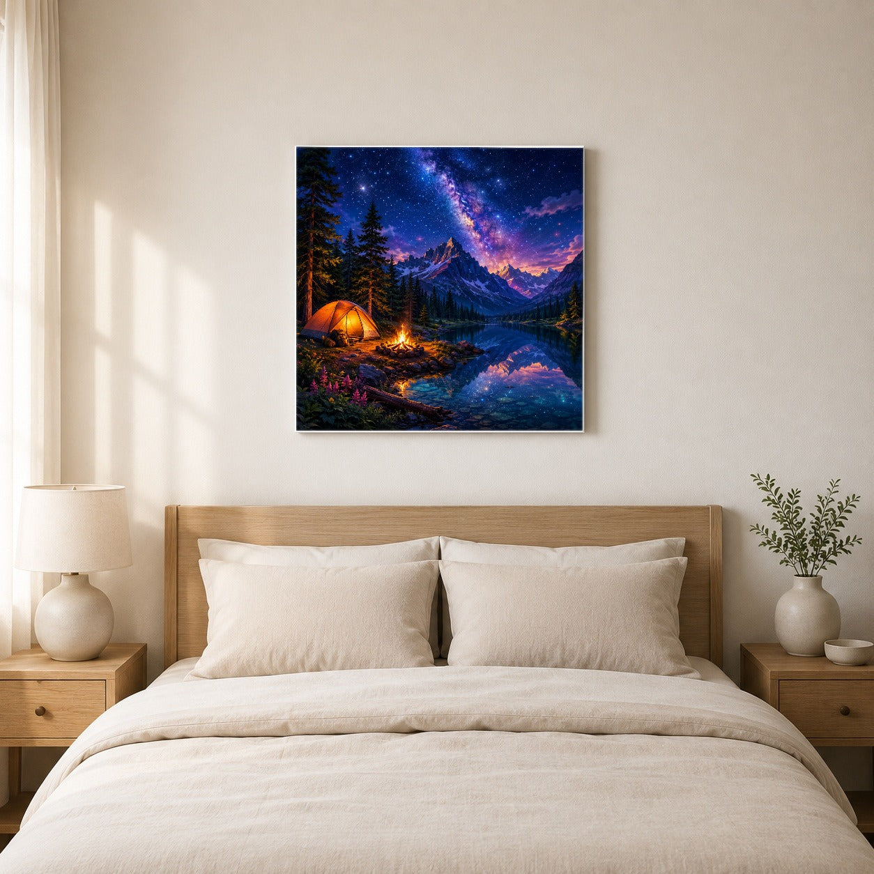 #pl[17x17 Inch|Multicolor] Milky Way Camping Square Canvas Wall Art, Mountain Lake Campfire