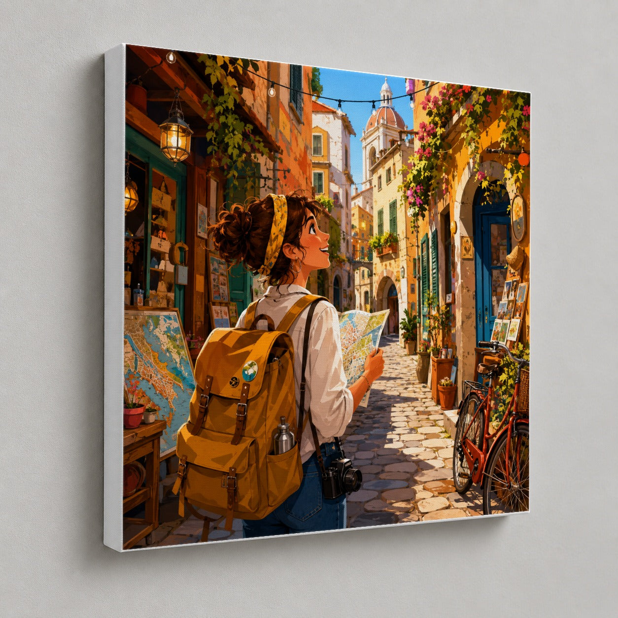 #pl[17x17 Inch|Multicolor] City Traveler Square Canvas Wall Art, Colorful Old Town Adventure