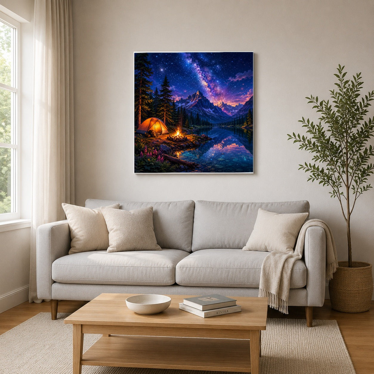 #pl[17x17 Inch|Multicolor] Milky Way Camping Square Canvas Wall Art, Mountain Lake Campfire