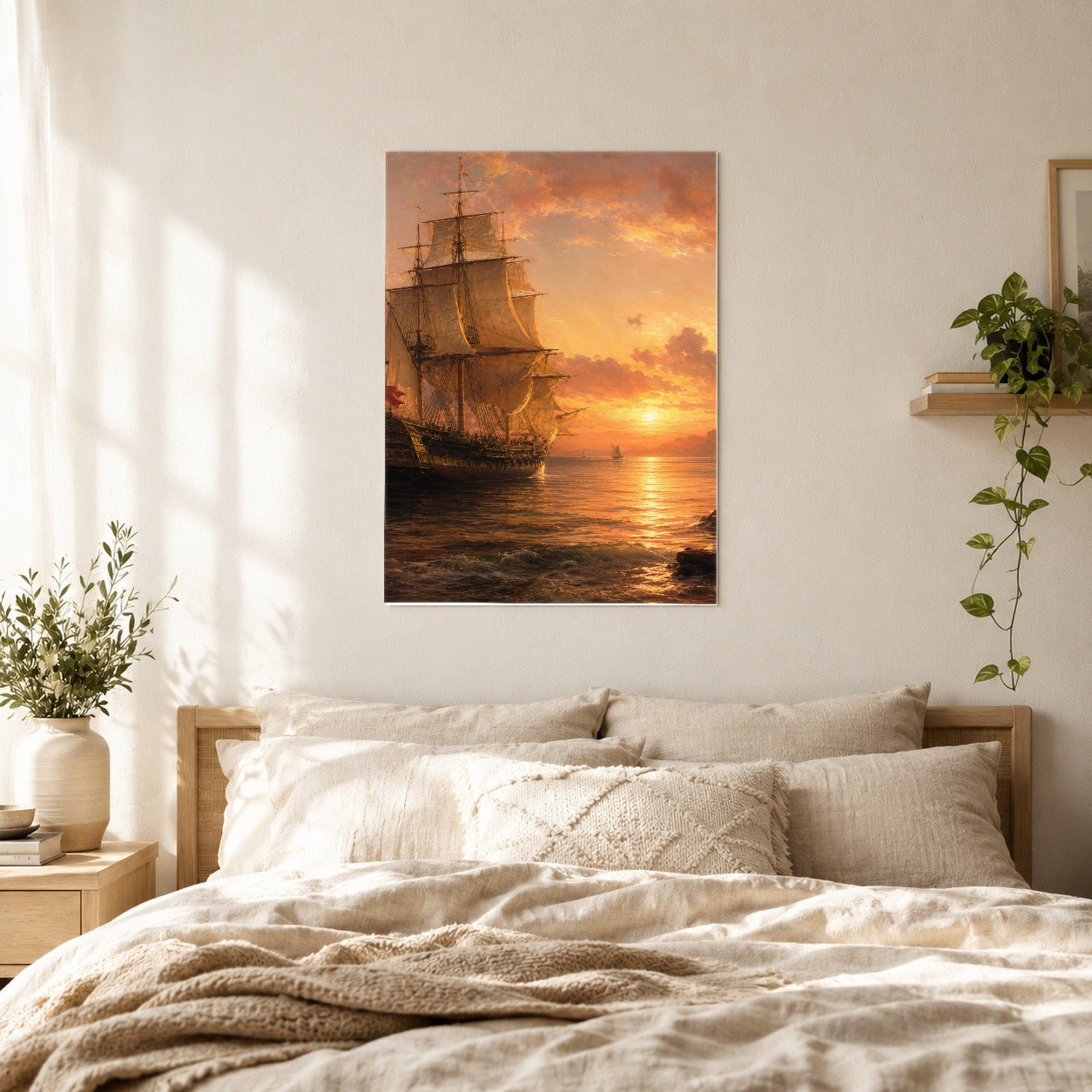 #pl[8x10 Inch|Multicolor] Tall Ship Sunset Poster, Vintage Sailing Seascape Wall Art Print