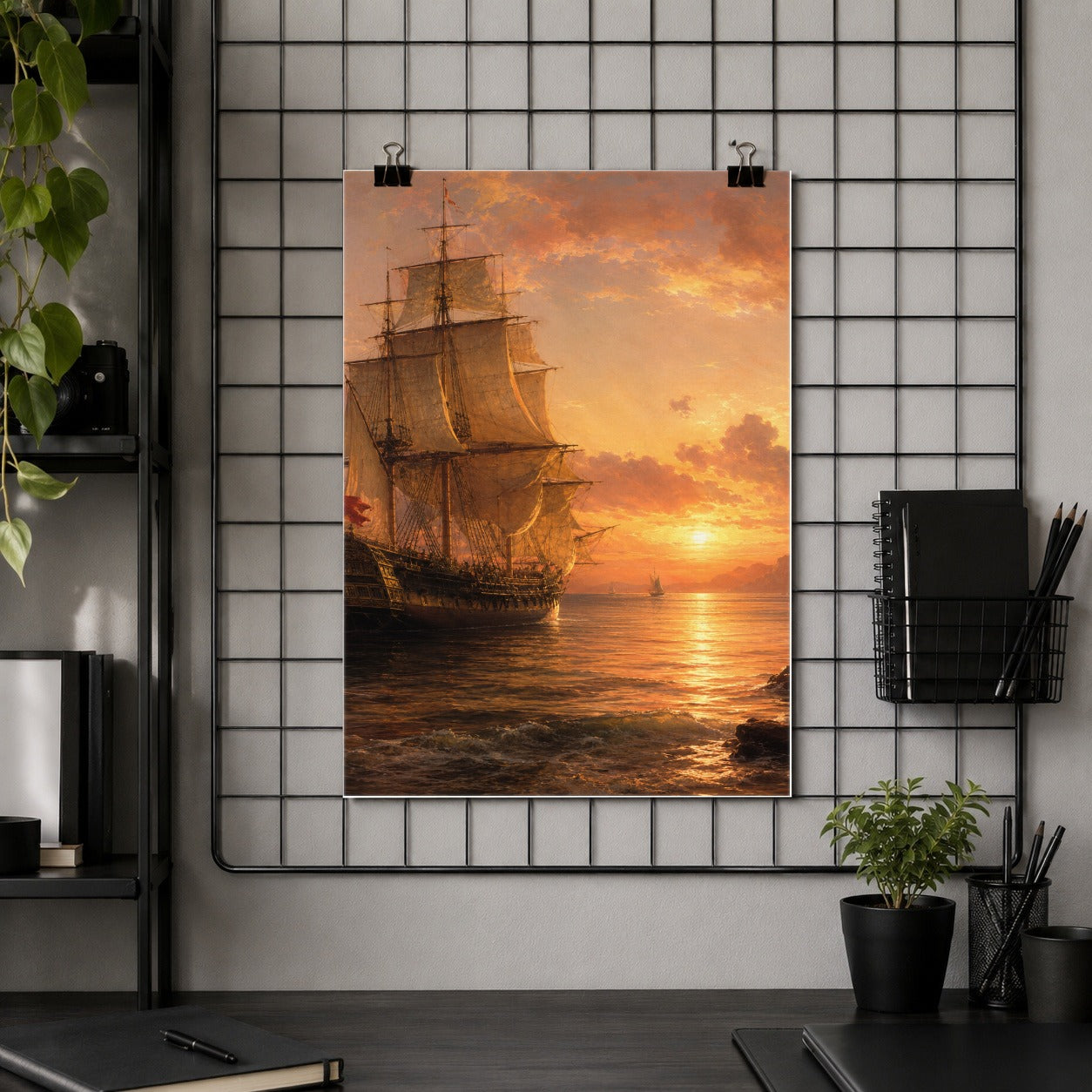 #pl[8x10 Inch|Multicolor] Tall Ship Sunset Poster, Vintage Sailing Seascape Wall Art Print
