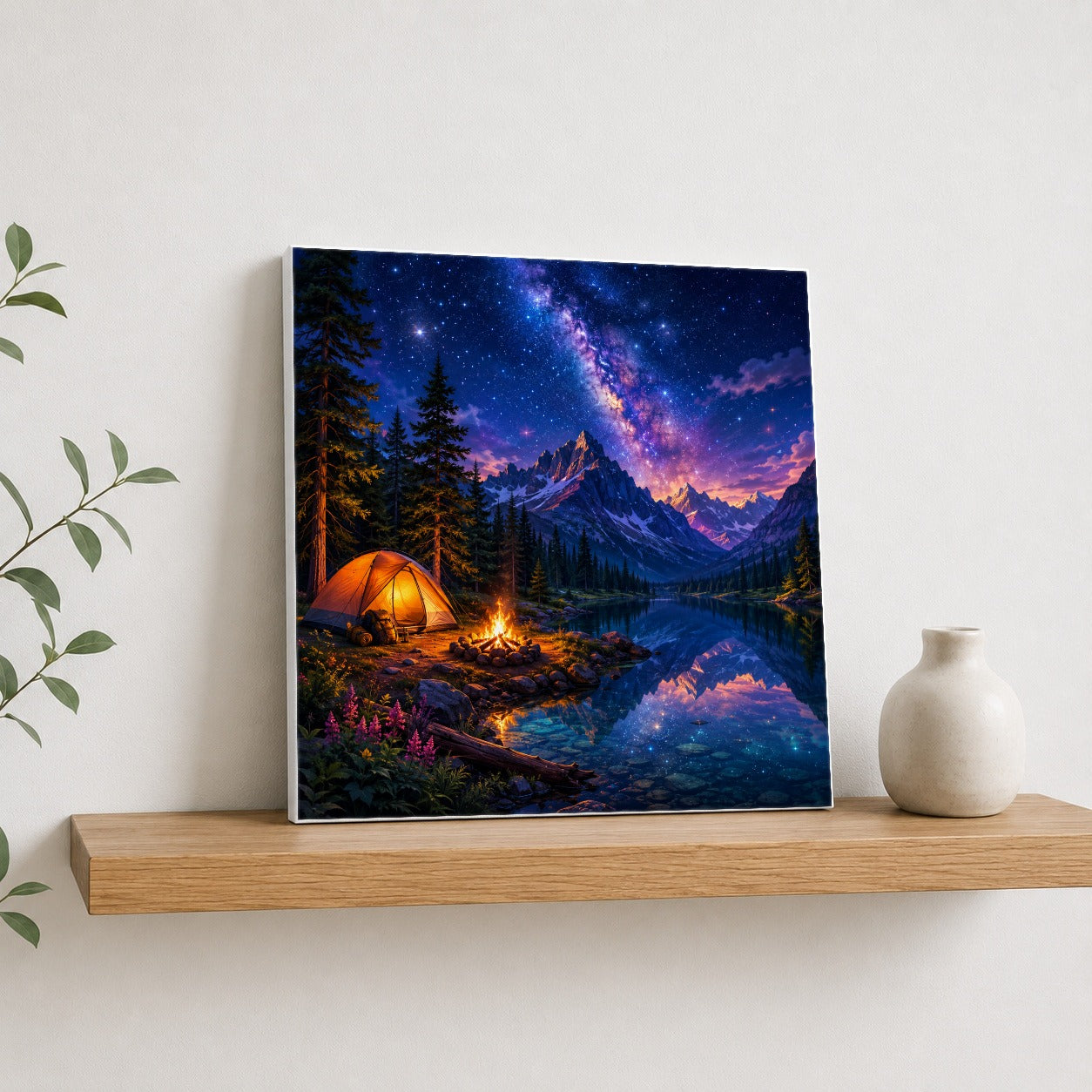 #pl[17x17 Inch|Multicolor] Milky Way Camping Square Canvas Wall Art, Mountain Lake Campfire