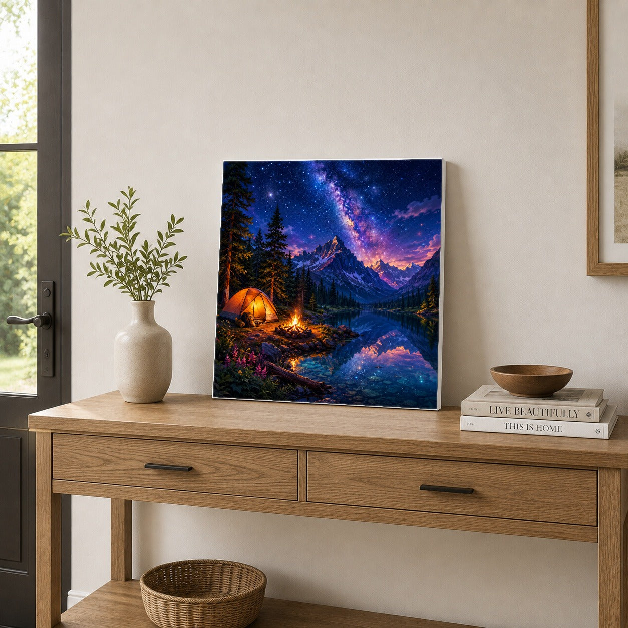 #pl[17x17 Inch|Multicolor] Milky Way Camping Square Canvas Wall Art, Mountain Lake Campfire