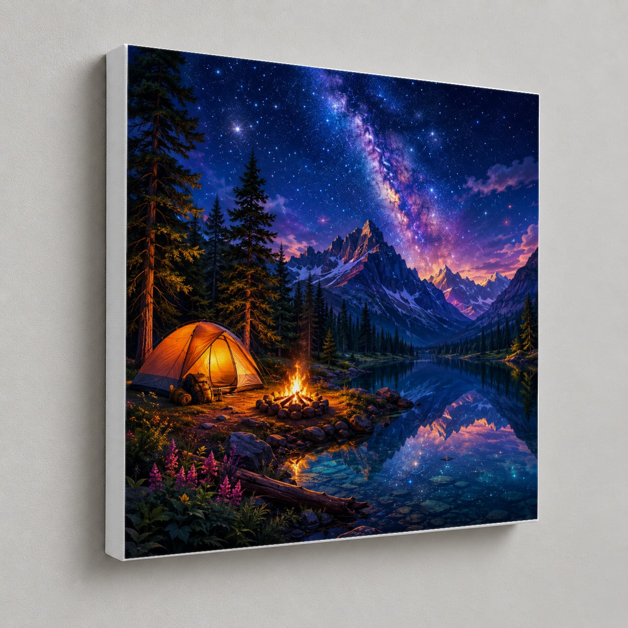 #pl[17x17 Inch|Multicolor] Milky Way Camping Square Canvas Wall Art, Mountain Lake Campfire