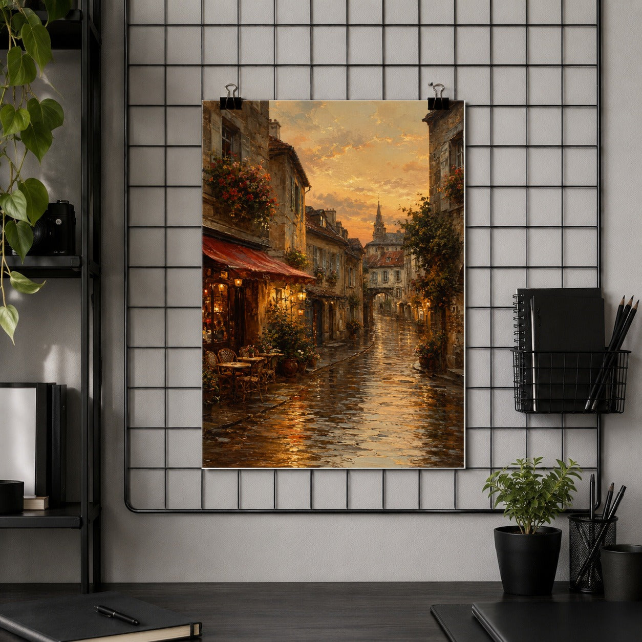 #pl[8x10 Inch|Multicolor] Rainy Old Town Poster, Cozy European Cafe Street Wall Art Print