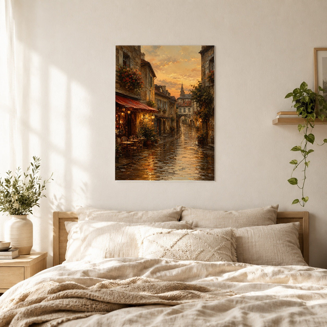#pl[8x10 Inch|Multicolor] Rainy Old Town Poster, Cozy European Cafe Street Wall Art Print
