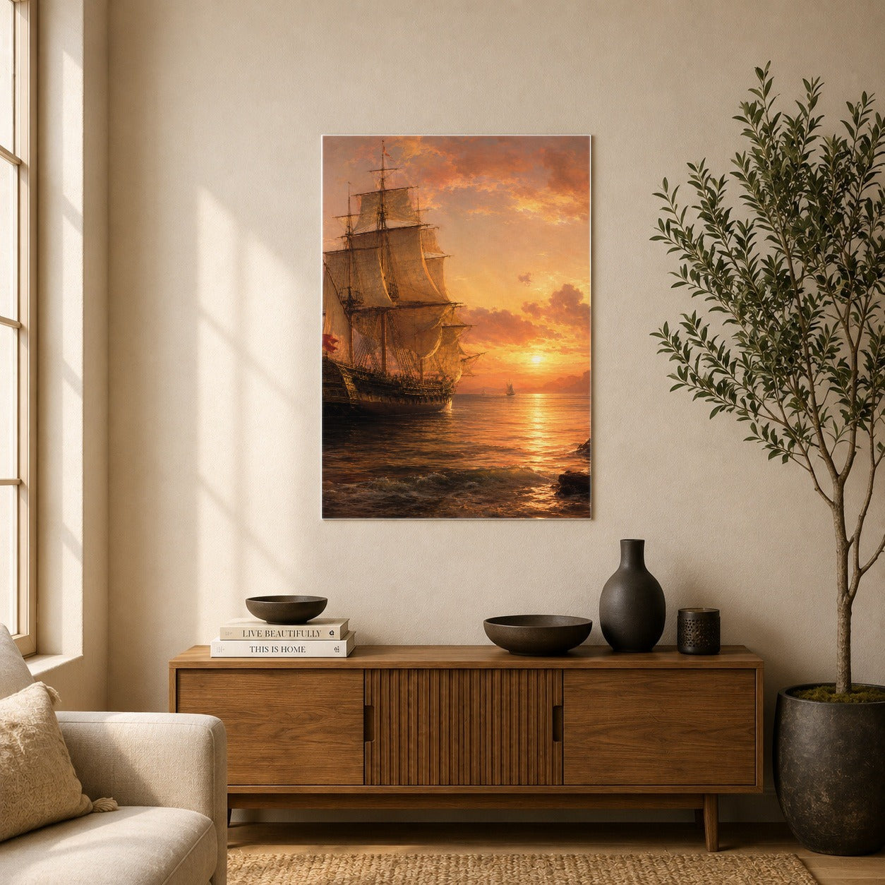 #pl[8x10 Inch|Multicolor] Tall Ship Sunset Poster, Vintage Sailing Seascape Wall Art Print