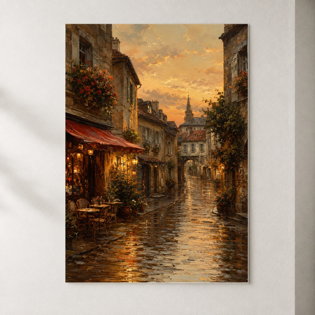 Rainy Old Town Poster, Cozy European Cafe Street Wall Art Print